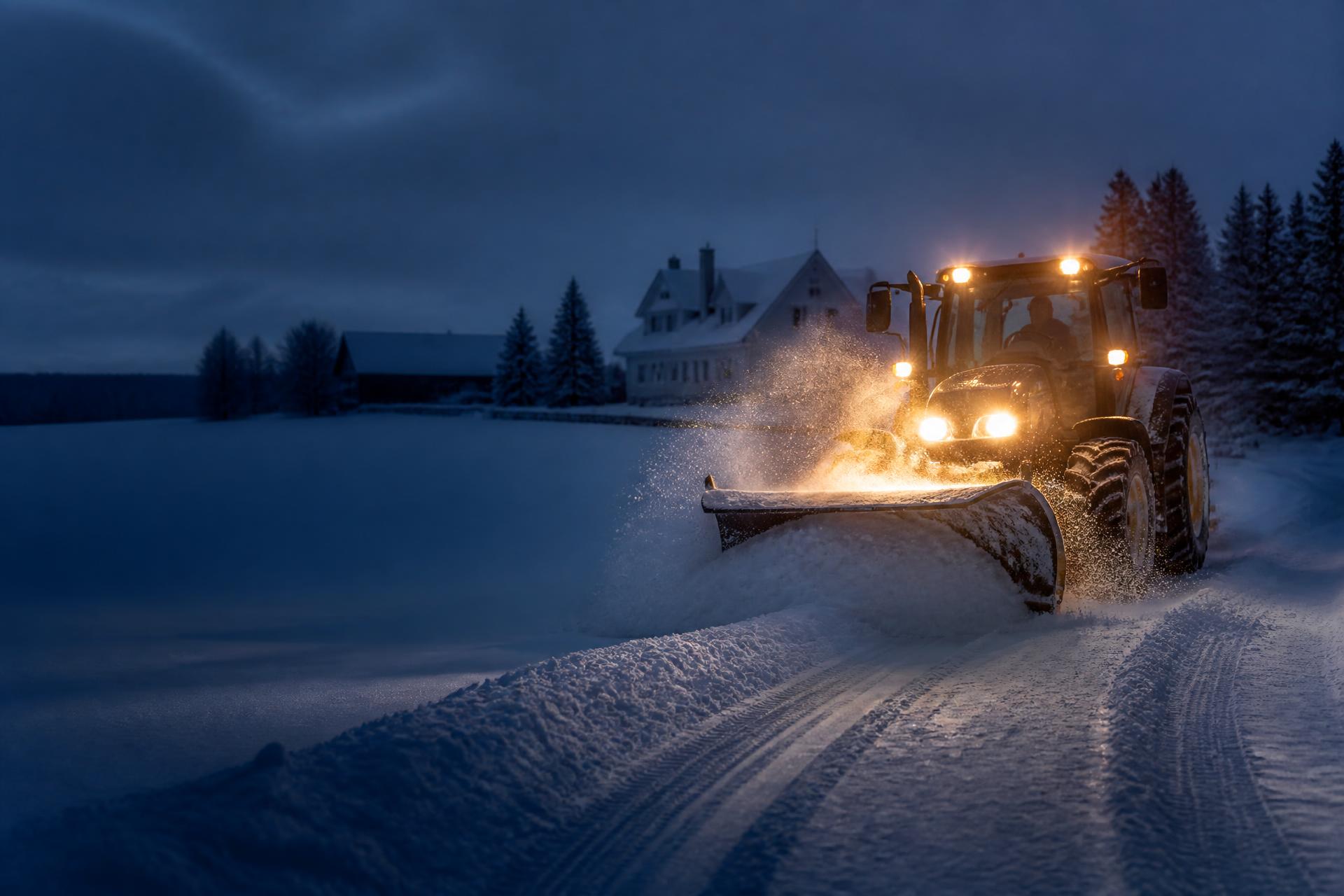 Tracteur de déneigement en action tôt le matin devant une maison rurale québécoise